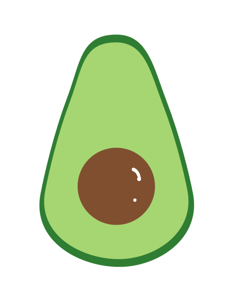 A flat, vector-style avocado illustration with a light green body, a darker green outline, and a brown circular pit with a white highlight.