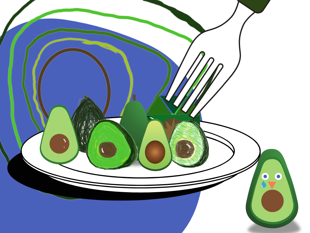 A surreal digital collage featuring various stylized avocado illustrations arranged on a white plate, with a fork picking up a triangular avocado piece. The avocados showcase different artistic techniques, including sketchy pencil strokes, crayon textures, vector gradients, and geometric polygon shapes. In the background, a large abstract avocado outline in vibrant green and blue hues adds depth. To the right, a cartoonish avocado character with wide eyes and a single tear stands alone, reacting to the scene. The composition blends hand-drawn and digital elements, creating a whimsical, playful aesthetic.
