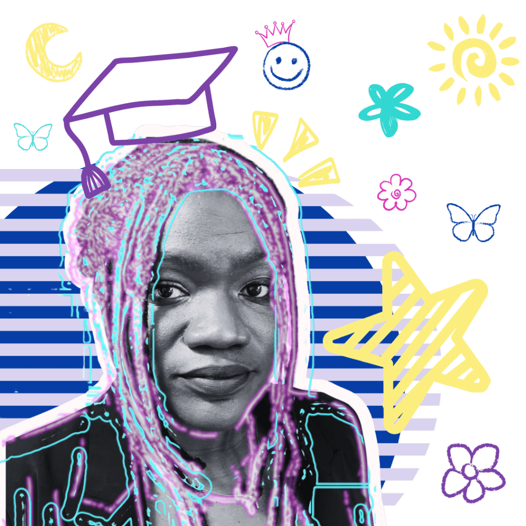 A digitally edited black-and-white portrait of Stephanie Benoit, outlined in neon strokes, set against a vibrant, playful background. A bold blue-striped semi-circle frames her, with doodles of a graduation cap, a yellow star, a crescent moon, flowers, butterflies, and a sun surrounding her. A hand-drawn smiley face with a crown floats in the top right corner, adding a whimsical touch. The illustration combines structured and organic elements, reflecting Stephanie’s creativity, academic achievements, and joyful personality