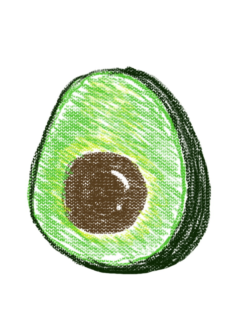 A detailed avocado illustration created using a stippling (pointillism) technique with tiny dots in different shades of green and brown to form the texture and shape.