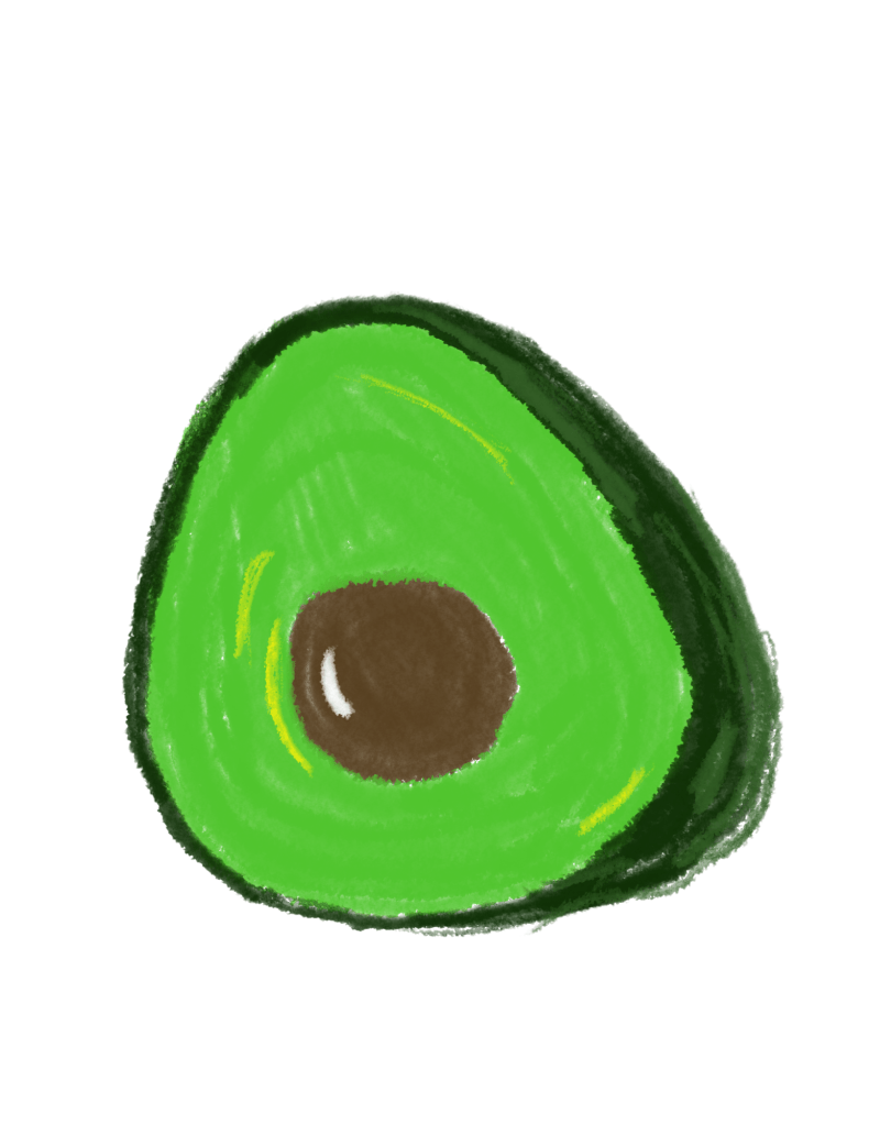 A crayon-textured avocado illustration with visible rough strokes in bright green and yellow hues, giving it a hand-drawn, childlike appearance.