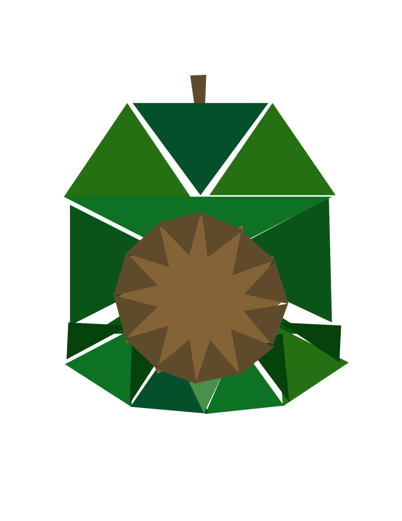 An abstract avocado illustration composed entirely of layered green triangles in various shades, arranged geometrically to resemble the fruit.