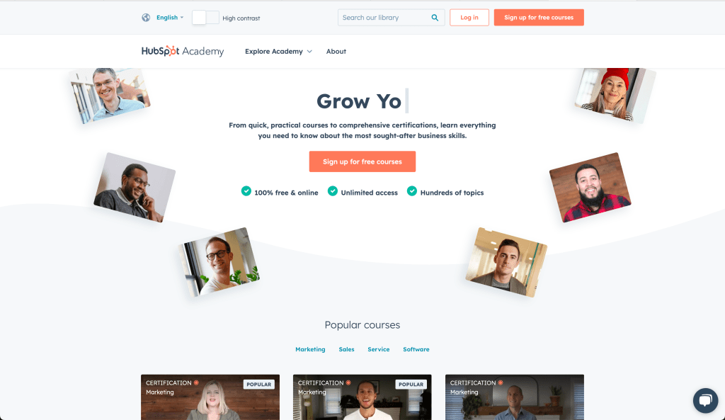 Screenshot of Hubspot academy home page