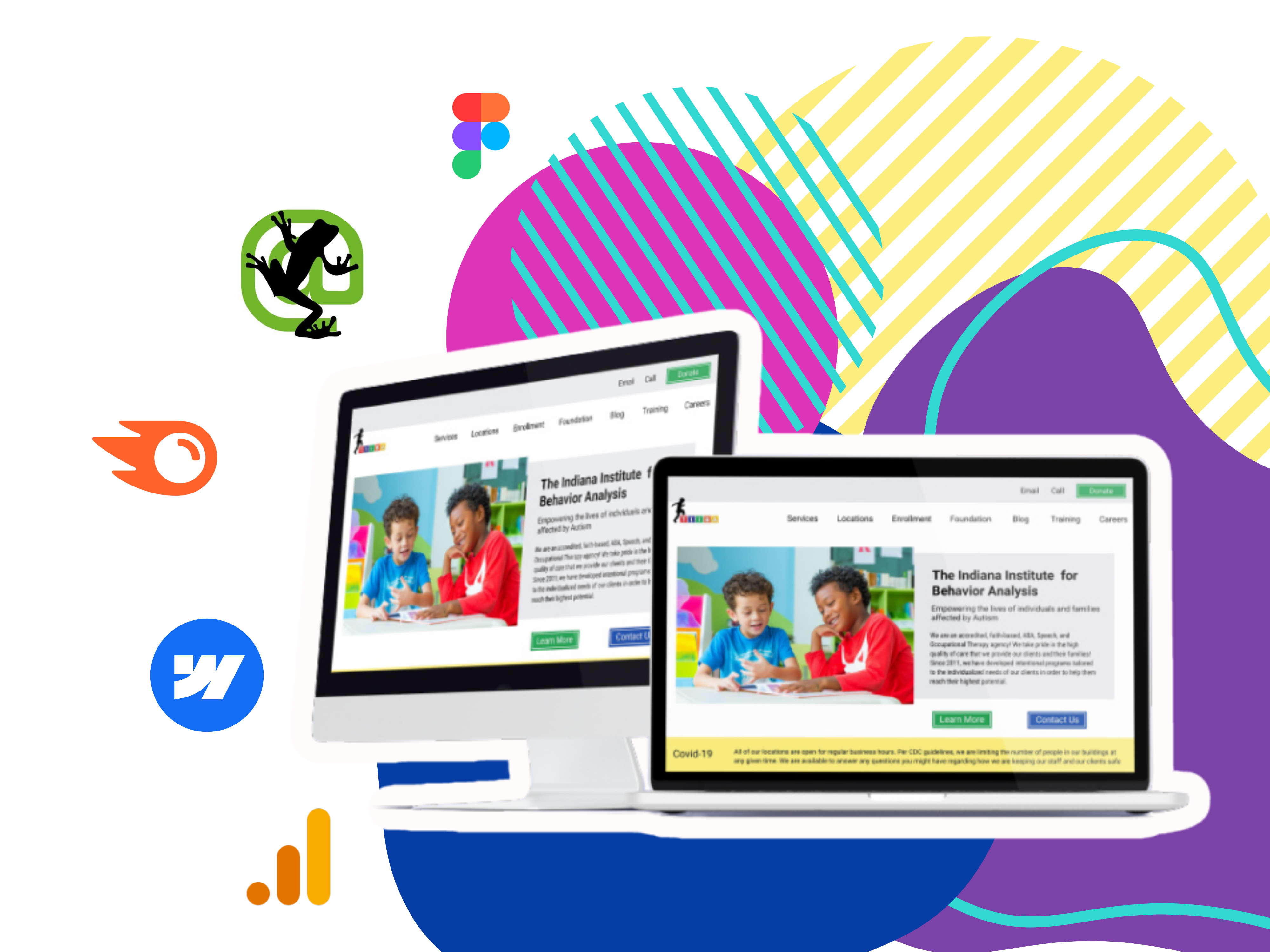 "A website redesign mockup for The Indiana Institute for Behavior Analysis (TIIBA) displayed on a desktop and laptop screen. The image includes abstract, colorful design elements in the background and logos of UX and SEO tools such as Figma, Screaming Frog, SEMRush, Webflow, and Google Analytics, representing the design and optimization process used in the projec